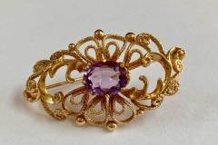Beautiful Vintage 14K Yellow Solid Gold And Purple Amethyst Brooch Pin