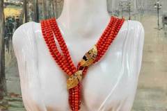 Gorgeous 18K Yellow Gold Diamond And Multi- Strand Natural Italian Red Coral Bead Necklace