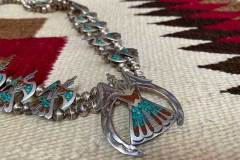 Vintage Native American Navajo Charlie Singer Sterling Silver Crushed Turquoise And Coral Thunderbird Squash Blossom Necklace