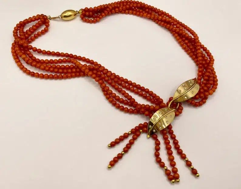 Gorgeous 18K Yellow Gold Diamond And Multi-Strand Natural Italian Red Coral Bead Necklace